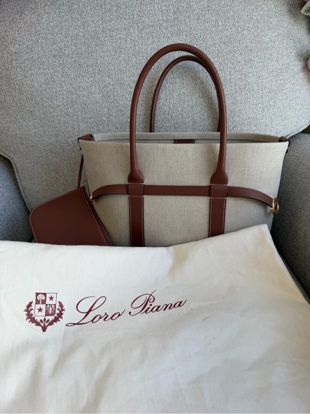 Loro Piana Beige Canvas Tote with Brown Leather Trim - Picture 4 of 5